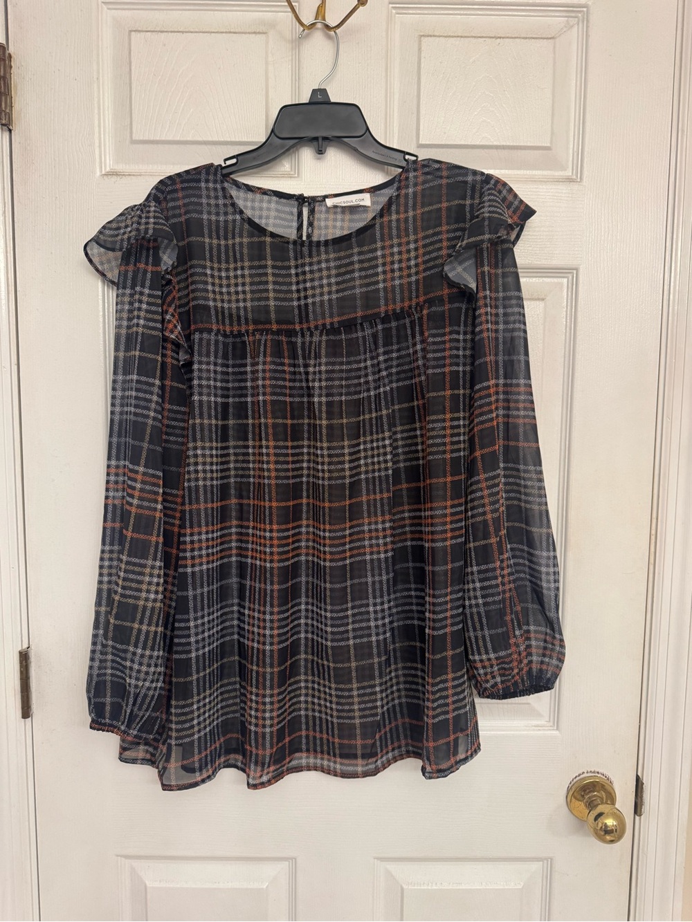 Chic Soul Sheer Black Plaid Long-Sleeve Ruffle Yoke Blouse